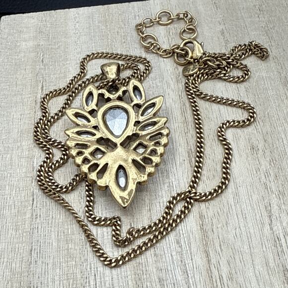 J Crew Necklace 30" Crystal Rhinestone Teardrop Pendant Antiqued Gold Tone - Picture 5 of 6